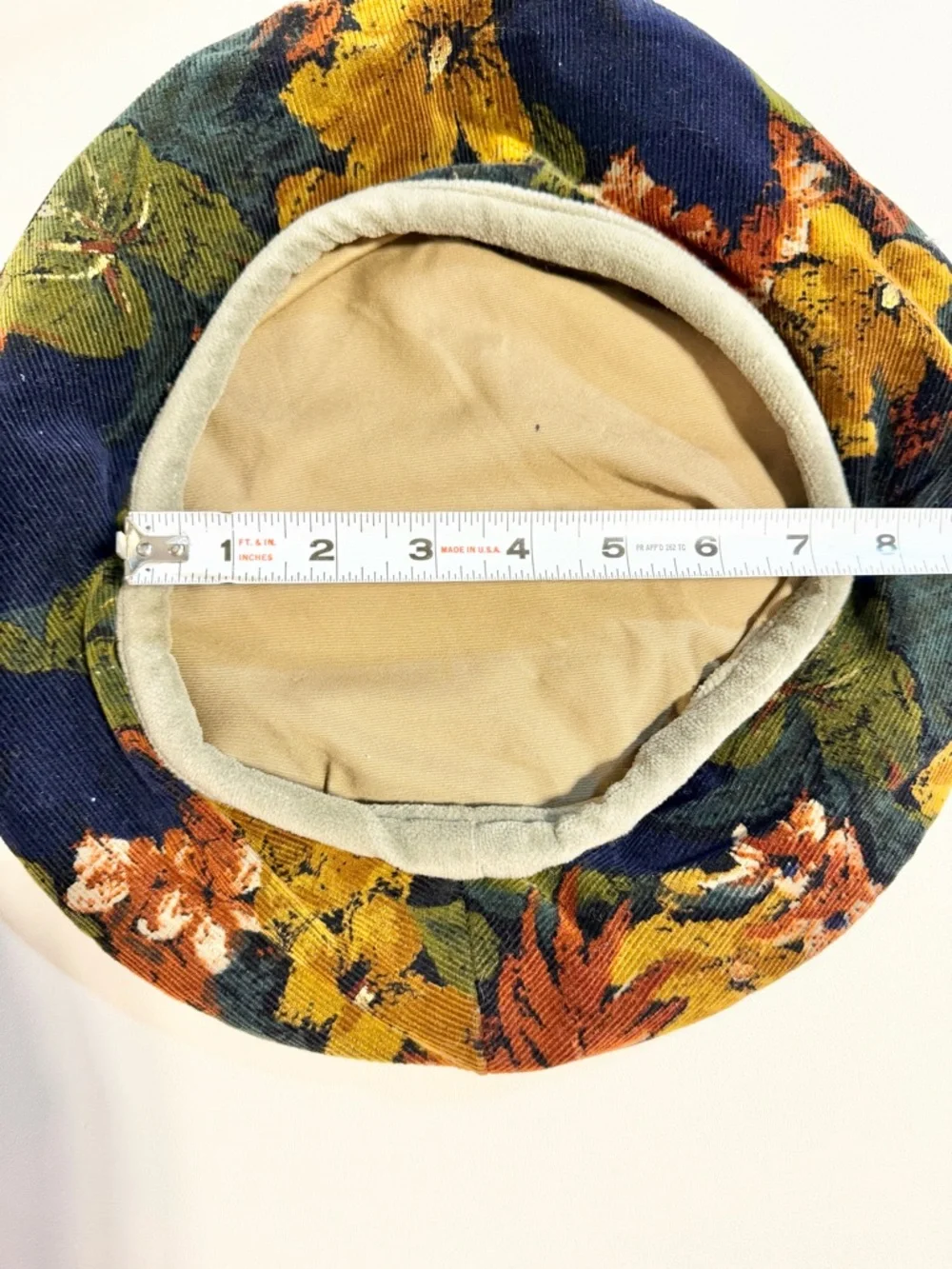 VINTAGE French beret hat moody dark floral corduroy navy blue newsboy cap boho - Picture 7 of 8